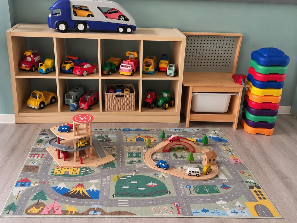 De autohoek met een vakkenkast vol voertuigen, een speelkleed met wegen en een houten parkeergarage