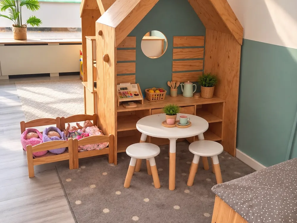Houten speelhuis met een winkeltje, een rond tafeltje met twee krukjes en poppenbedjes ernaast