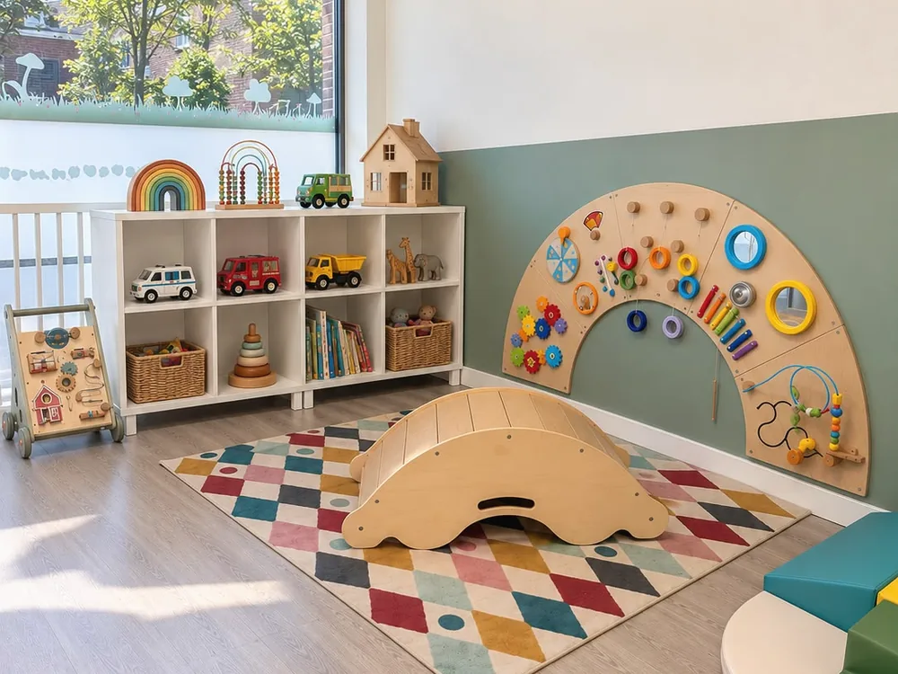 Speelhoek bij het raam met een kast vol speelgoed, een houten wipwap en een activiteitenwand in de vorm van een boog