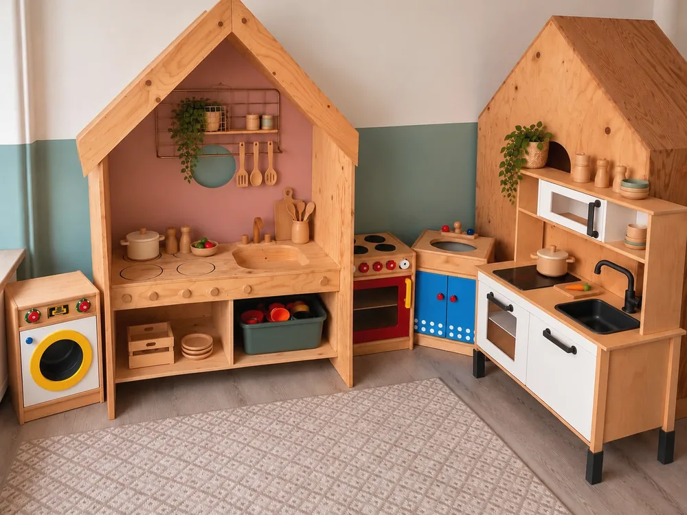 Een hoek met meerdere houten speelkeukens, pannetjes, servies en een speelgoedwasmachine